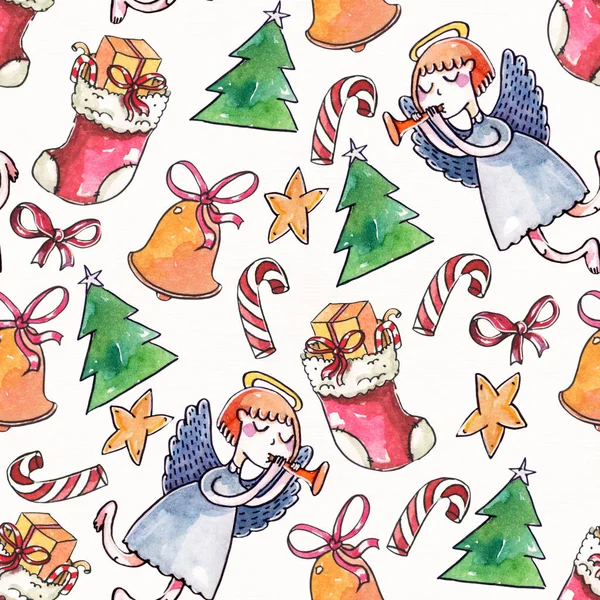 Large raster seamless pattern with angel in blue, candy canes, christmas tree, stars and bells on white textured paper. Watercolor hand drawn with brush illustration — Stock Photo, Image