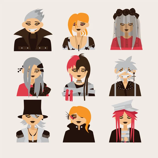 Vector collection with lovely visual kei male characters. Men heads drawn in bright colors, good for icon or avatar. — Stock Vector