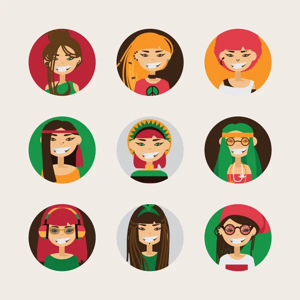 Vector avatares usuario de chicas rastafari lindo con varios peinado, color y diferentes accesorios y estilo de ropa. Conjunto brillante con personajes femeninos sonrientes — Vector de stock