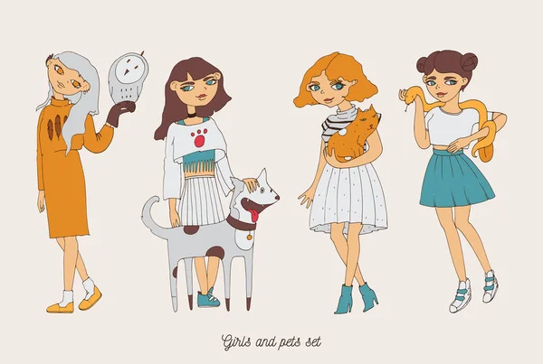 Personajes de chicas dibujadas a mano con mascotas lindas como perro, gato, serpiente y búho. Casa mascotas encantadoras con amantes propietarios. Mascotas y propietarios son similares entre sí . — Archivo Imágenes Vectoriales