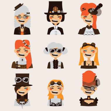 Vektör gülümseyen güzel steampunk kız portre ile ayarla.