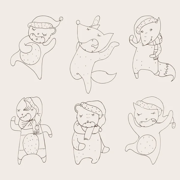 Set con animales danzantes en capuchas navideñas. Animales salvajes mano dibujada con los ojos cerrados en poses lindas — Vector de stock