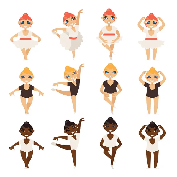 Vector set met schattige kleine ballerina's in verschillende stappen van de dans. Kaukasische en afro meisjes in ballet tutu en badmode — Stockvector