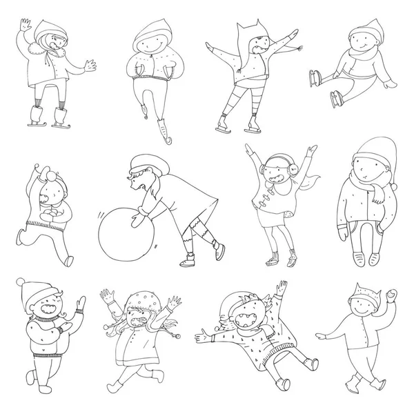 Ensemble avec de beaux enfants jouant dans des vêtements d'hiver. Activités de plein air, enfants heureux doodle dans le style dessiné à la main . — Image vectorielle