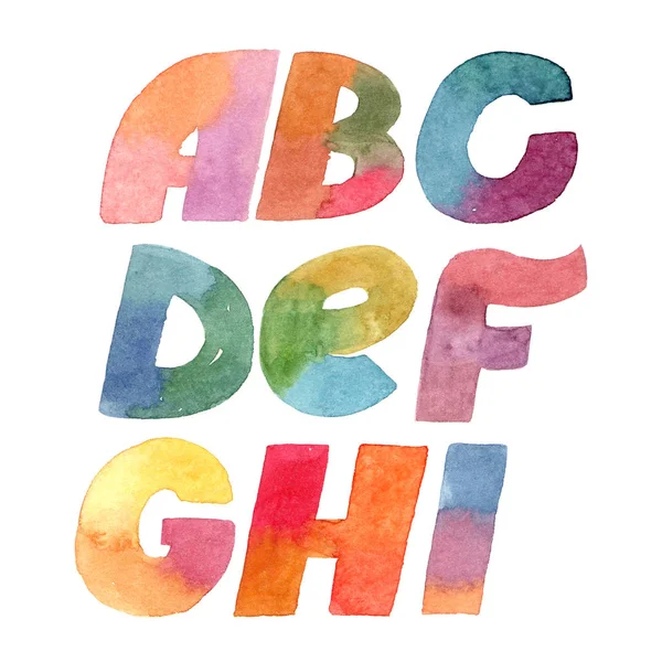 Große Rasterabbildung mit fetter Buchstabenfolge von a bis i im englischen Alphabet. handgezeichnet mit Pinsel und Aquarell Farbverläufe kreative Set in leuchtenden Farben. isoliert auf weißem Hintergrund. — Stockfoto