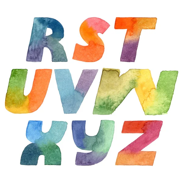 Large raster illustration with colorful gradient letters sequence. Alphabet part from R to Z, hand drawn font isolated on white background. Each letter drawn with brush and gradient watercolor ink — Zdjęcie stockowe