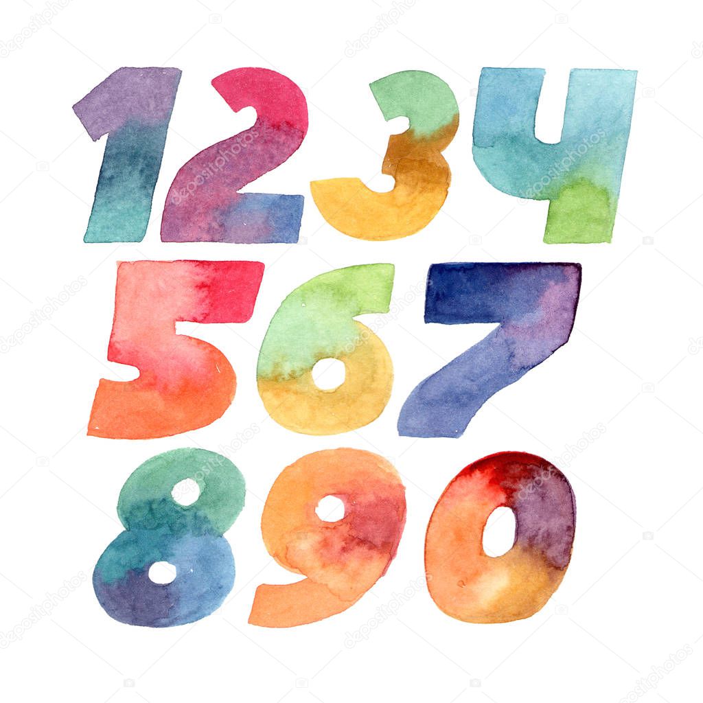 Large raster illustration with colorful gradient numbers sequence from 1 to 0, hand drawn digits isolated on white background. Each number drawn with brush and gradient watercolor ink