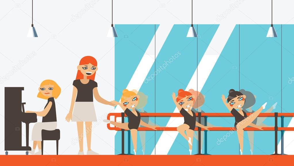 Vector interior in flat style with little ballerinas, teacher and musician playing piano. Ballet dancing studio with dance barre