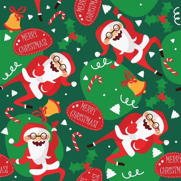 Set con precioso baile de Santa Claus, dibujado a mano en diferentes pasos de baile. Patrón sin costuras vectorial con carácter encantador y letras Feliz Navidad sobre fondo verde . — Archivo Imágenes Vectoriales