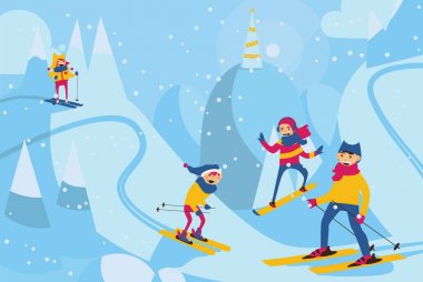 Vektör yatay çizim ile dağlarda Kayak mutlu bir aile. Kayak ve snowboard ile aile aktiviteleri ile kış sahne