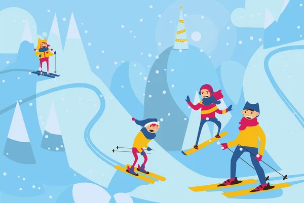 Horizontale vectorillustratie met gelukkige familie skiën in de bergen. Winters tafereel met familieactiviteiten met ski en snowboard — Stockvector