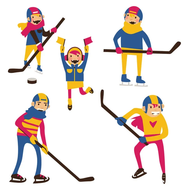 Beyaz hokey aile hokey sopaları ve puck ile izole. Buz pateni ve oynayan çocuklar ile mutlu anne