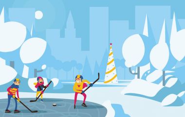 Mutlu aile şehir parkında hokey oynuyor. Ağaçlar kar, mavi ve aqua renkler, arka plan üzerinde Noel ağacı. Yatay vektör çizim ile kış sahne