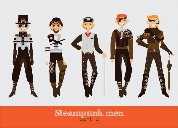 Vektör Steampunk adam çizgi film düz karakterleri ile ayarla