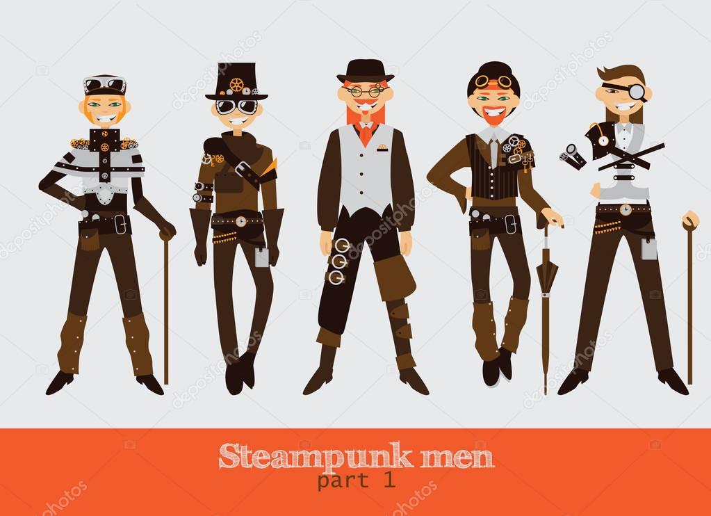 Vector set with steampunk man cartoon flat characters