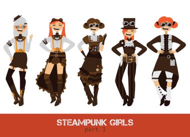 Vektör Steampunk adam çizgi film düz karakterleri ile ayarla