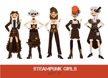 Vektör Steampunk adam çizgi film düz karakterleri ile ayarla