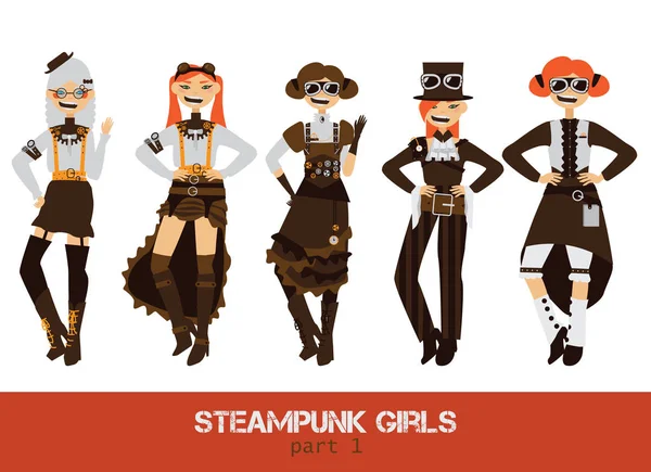 Vektör Steampunk adam çizgi film düz karakterleri ile ayarla