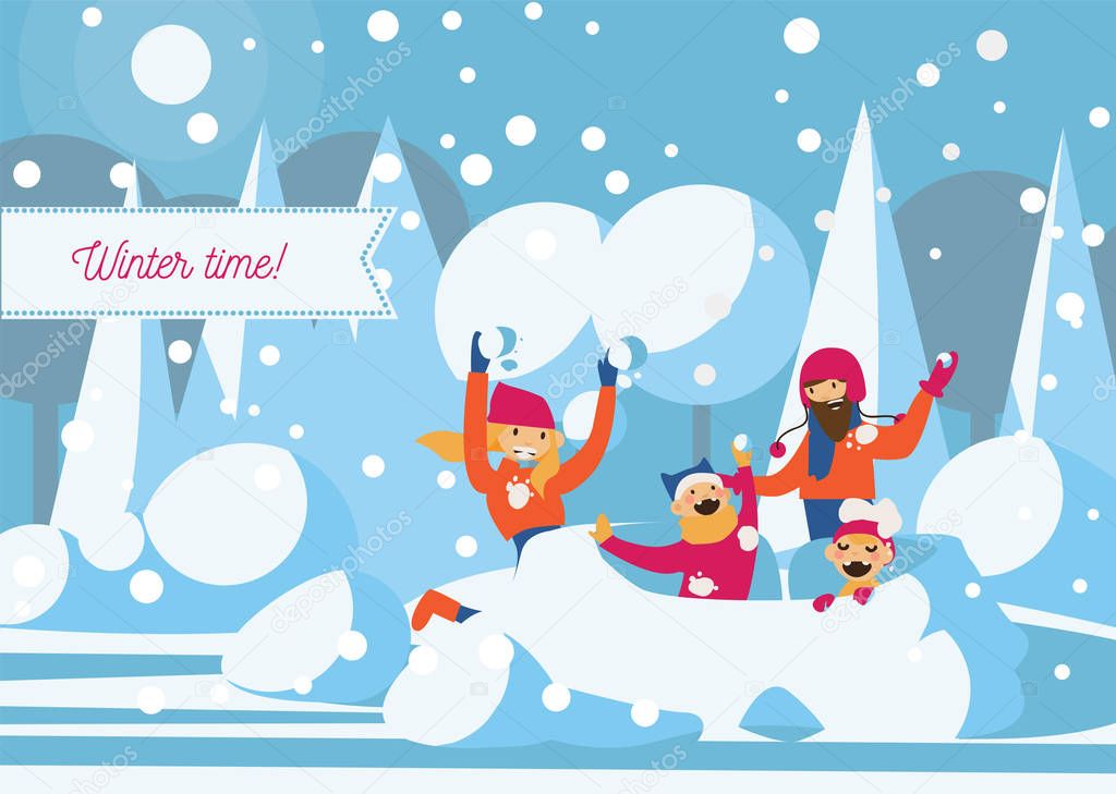 Happy family playing with snow fort. Vector horizontal illustration