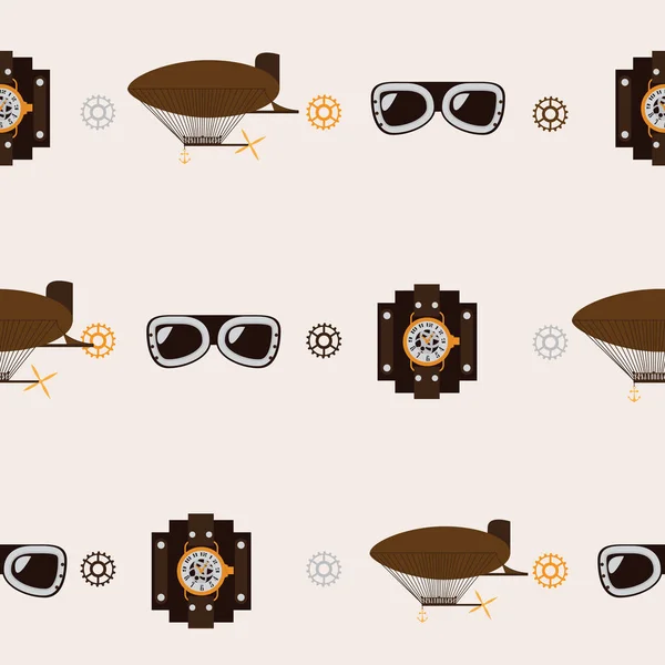 Patrón cuadrado sin costuras con accesorios steampunk como dirigible pasado de moda, gafas de aviador y relojes sobre fondo beige . — Archivo Imágenes Vectoriales