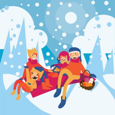 Mutlu aile anne, baba ve çocuklar kış orman piknik.