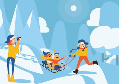 Mutlu aile illüstrasyon halletme çocuklar, baba sürme, kış günü sahnede video kamera ile kayıt anne ile. Snowdrifts ve arka plan ağaçta. Yatay illüstrasyon