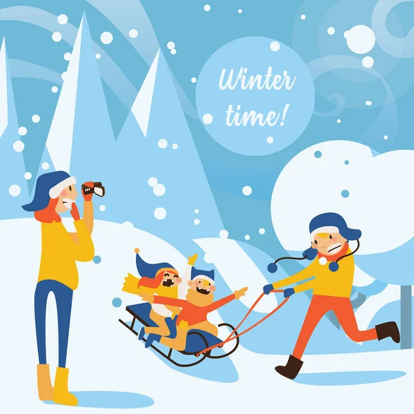 幸福家庭插图与孩子滑雪橇、 骑的父亲、 母亲与冬季的一天场景中的摄像机记录。雪堆和背景上的树 — 图库矢量图片