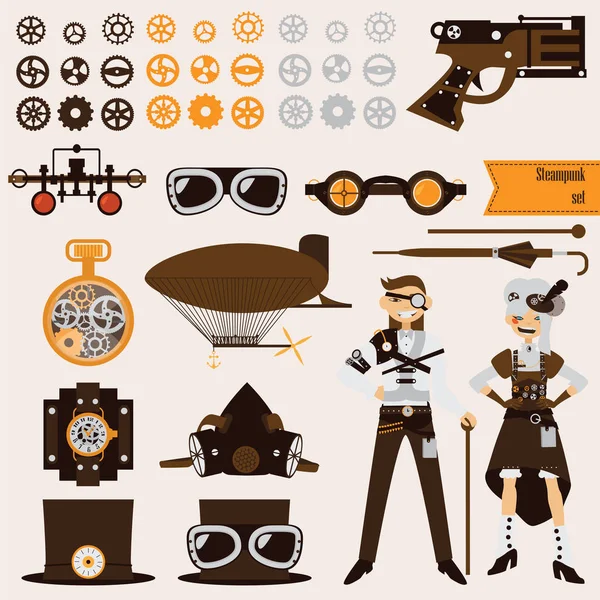 Степпанк-объекты и набор символов. Дирижабль, очки, шестеренки, старинный револьвер . — стоковый вектор