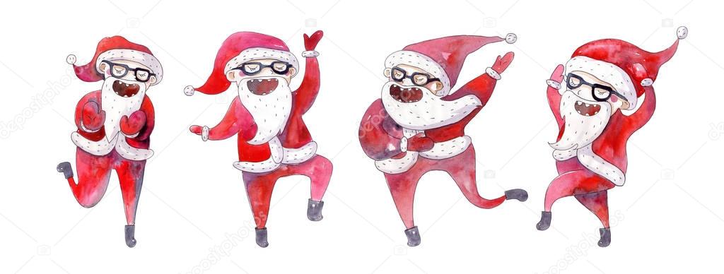 Set of dancing santa hand drawn with bright watercolor isolated on white
