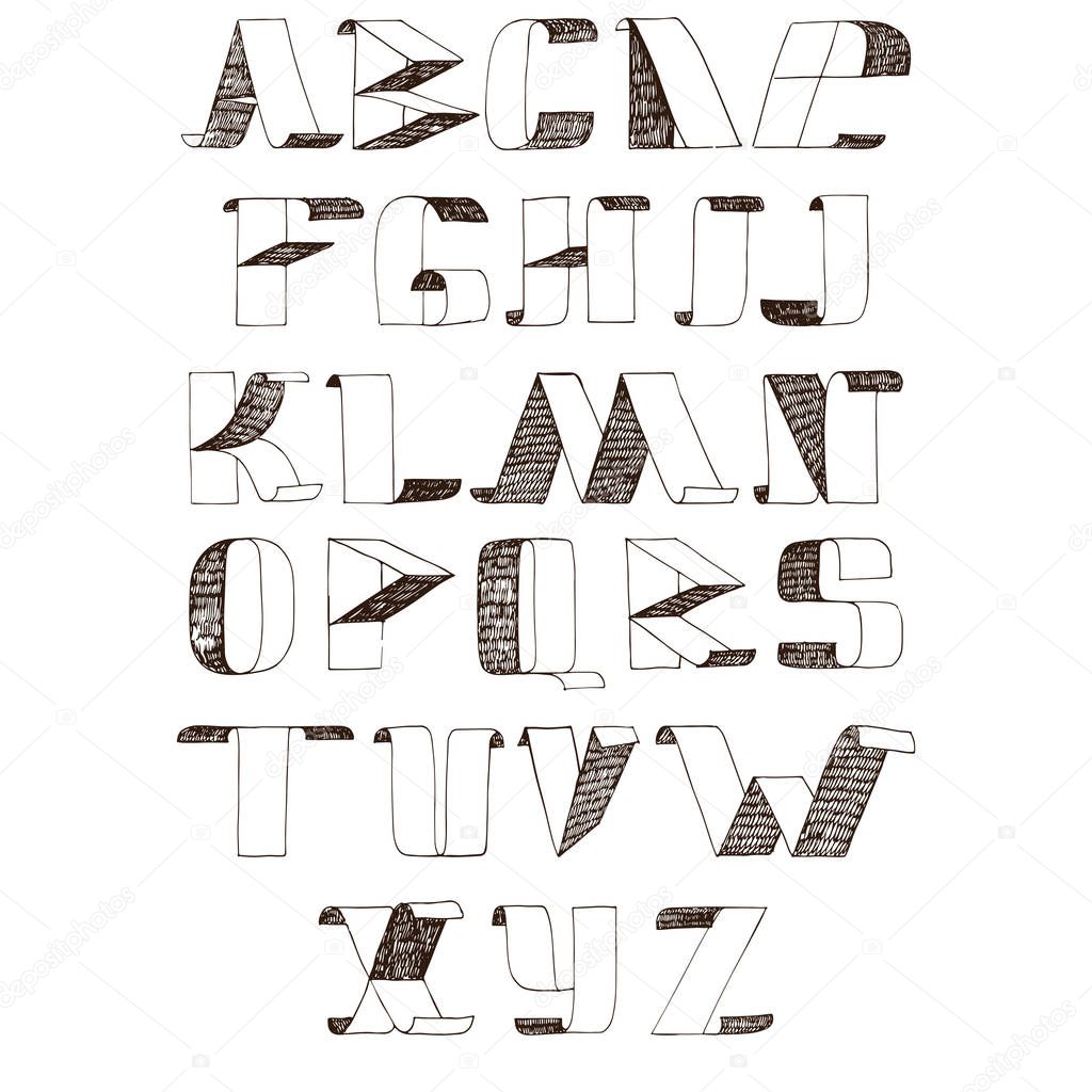 Vector illustration with hatch font letters from A to Z. Hand drawn alphabet in creative writing style