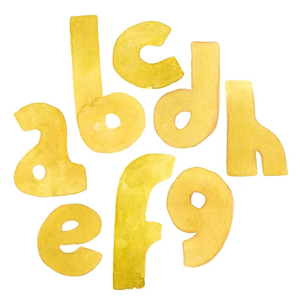 Große körnige aquarellierte helle Buchstaben. Fette Buchstabenfolge von a bis h. leuchtend gelbe Schrift — Stockfoto
