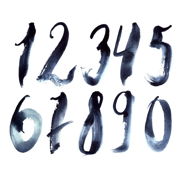 Conjunto dibujado a mano con números azules oscuros que escriben a mano alzada. Dígitos granulados del 1 al 9 y cero —  Fotos de Stock