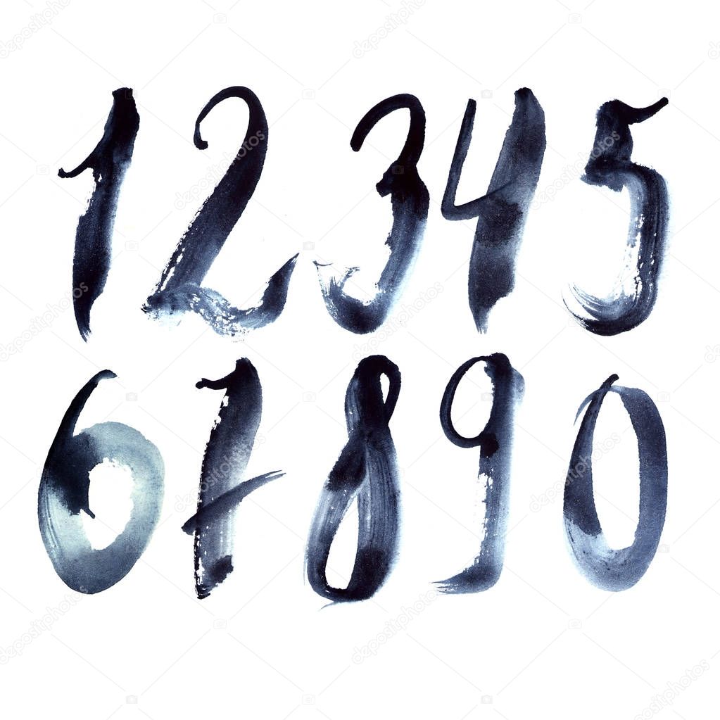 Hand drawn set with dark blue numbers writing in freehand style. Grainy digits from 1 to 9 and zero