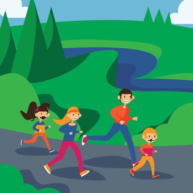 Happy family running in park. Square cartoon illustration in bright colors. clipart