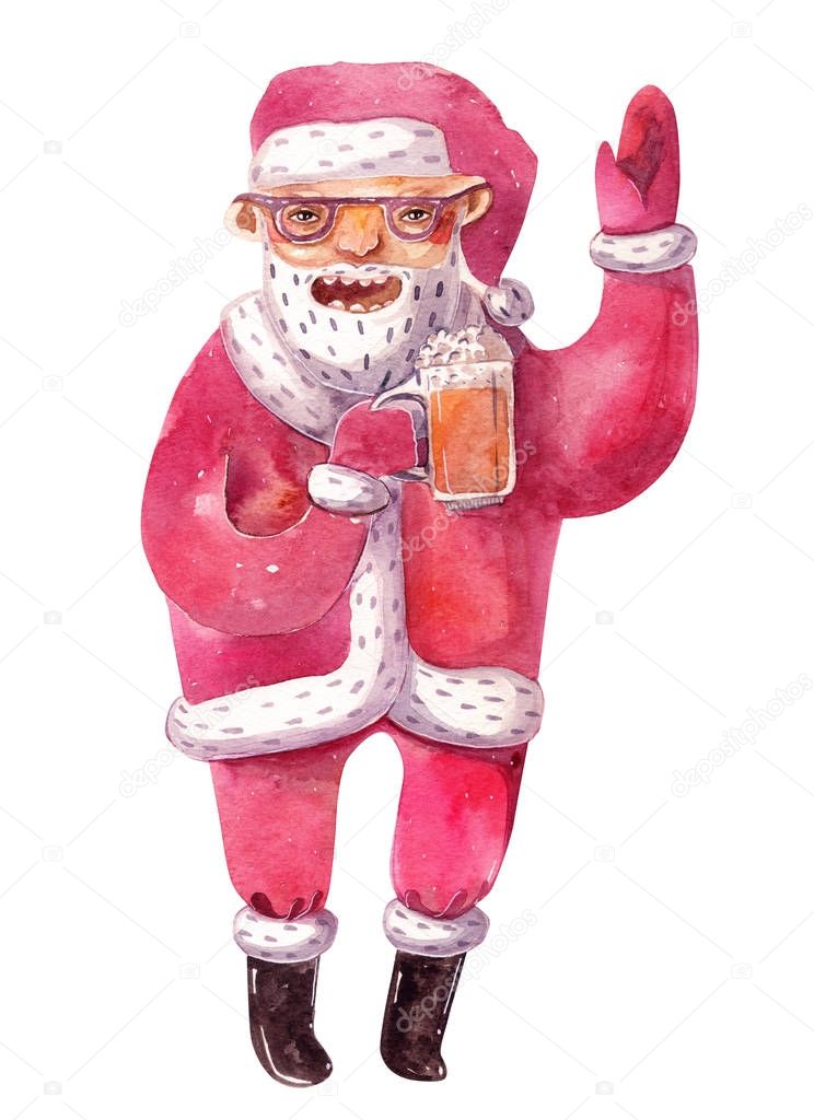 Santa Claus with beer mug. Watercolor hand made illustration drawn with brush and liquid ink, isolated on white background.