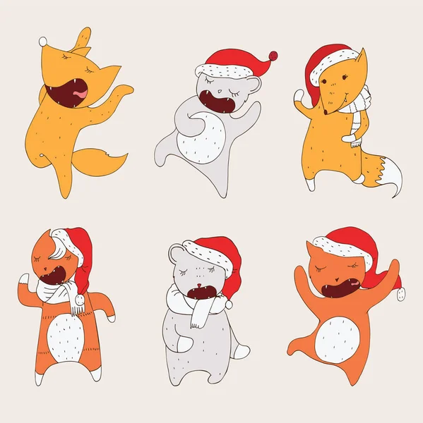 Set con animali danzanti in cappe di Natale. Animali selvatici disegnati a mano con gli occhi chiusi in pose carine disegnate con colori vivaci — Vettoriale Stock