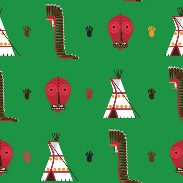 Seamless pattern with bright green background. American native indians housware as tepee, false face mask and war bonnet drawn in flat style. — Stock Vector