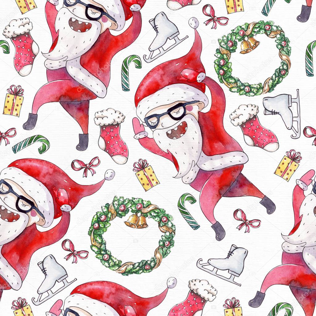 Large grainy raster seamless pattern with dancing santa, christmas wreath and holiday accessories drawn with watercolor on white paper.