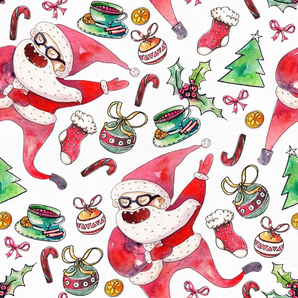 Large raster seamless pattern with dancing santa, christmas tree — Stock Photo, Image