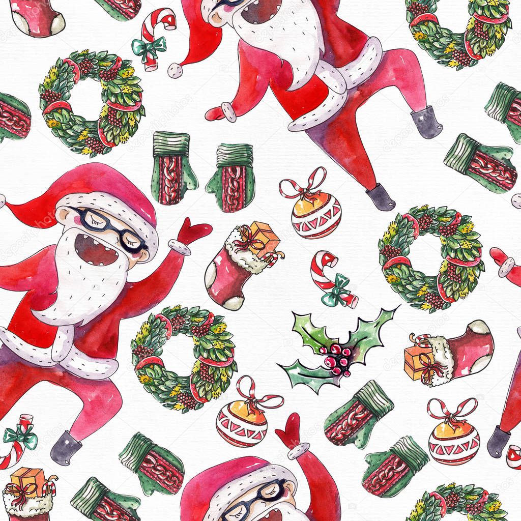 large raster seamless pattern with dancing santa, christmas wrea