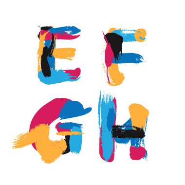 Elle mürekkep fırça darbeleri alfabesi ile çizilmiş E, F, G ve H. Bright suluboya BLOB'lar harfleri ve canlı tipografi tasarımında izlerini