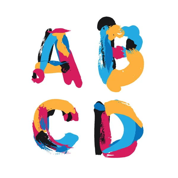 Disegnato a mano con pennellate di inchiostro lettere A, B, C e D. Luminose bolle di acquerello e impronte in vivido disegno tipografico — Vettoriale Stock