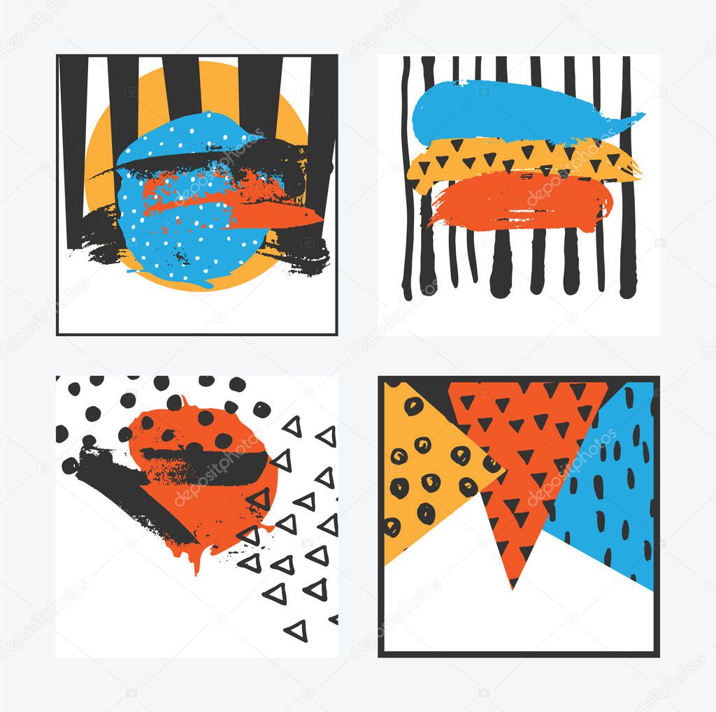 Vector set with square cards in bright colors with hand drawn elements drawn with brush. Orange, blue, yellow and black colors on white background