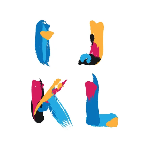 Mão desenhada com pinceladas de tinta letras alfabeto I, J, K e L. Bright watercolor blobs and imprints in vivid typography design . — Vetor de Stock