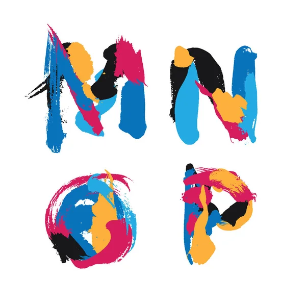 Hand getrokken met inkt penseel streken alfabet letters M, N, O en P. Bright aquarel blobs en stempelt in levendige typografie design — Stockvector