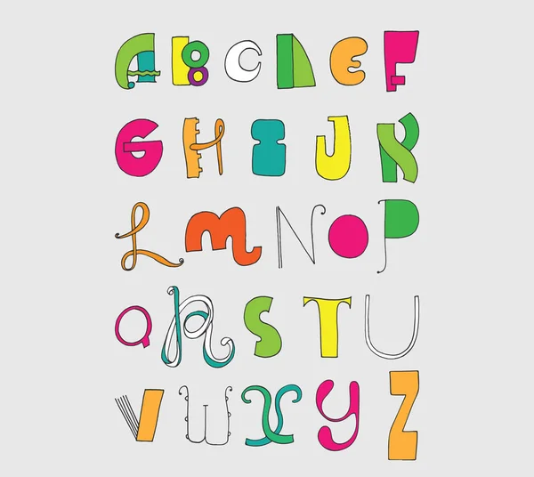 Secuencia de letras brillantes de la A a la Z. Brillante fuente inglesa en mano dibujado a mano y varios estilo de forma — Vector de stock