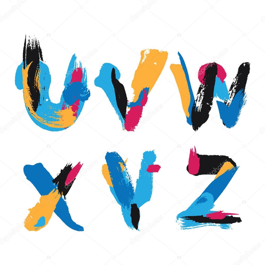 Hand drawn with ink brush strokes alphabet letters U, V, W, X, Y and Z. Bright watercolor blobs and imprints in vivid typography design