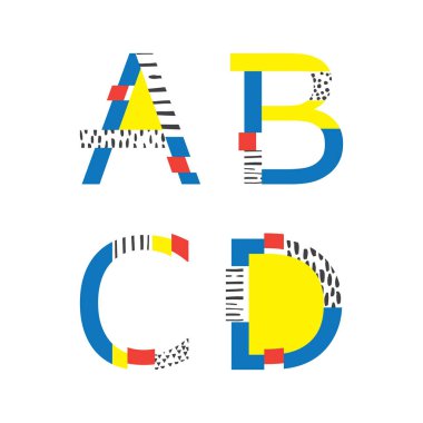 Vektör geometrik tarzı harf sırası ile A dan ö. elle çizilmiş öğelerine, parlak renkler oluşturun..