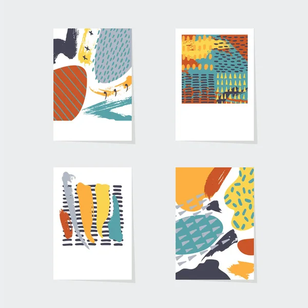 Conjunto de tarjetas abstractas vectoriales. Elementos dibujados a mano en colores matices. Puntos. manchas y pinceladas en estilo imperfecto . — Vector de stock