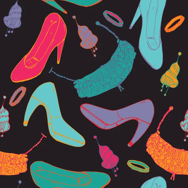 Vektor Hand gezeichnete nahtlose Muster mit weiblichen Modeobjekten auf schwarzem Hintergrund. Halsketten, Schuhe und Schmuck im Doodle-Stil — Stockvektor